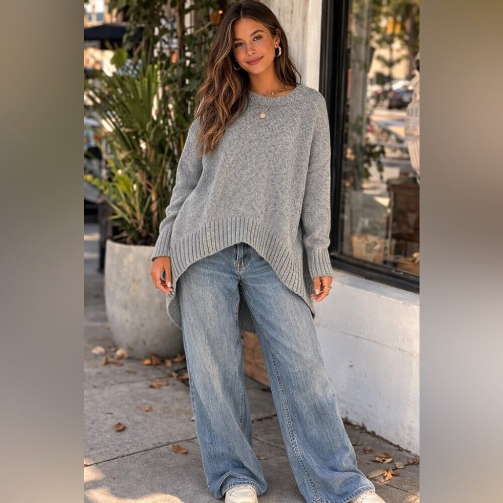 Eileen Fisher Wool Blend Gray Women's Sweater High Low Hem Knit Top Size S/M